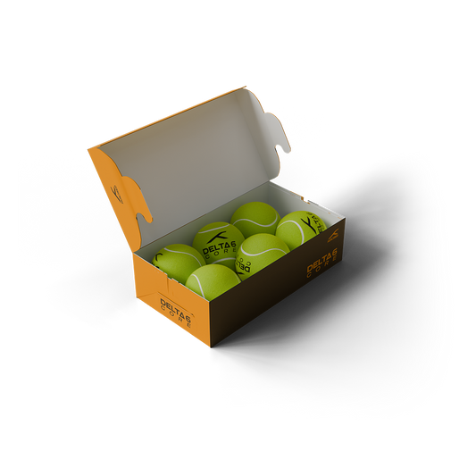 HUNDRED Delta 6 Core cricket tennis ball pack front view open box with 6 green colour balls inside