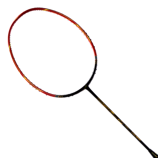 HUNDRED Atomic X Black Knight badminton racket unstrung in black/red angled view showing excluding handle