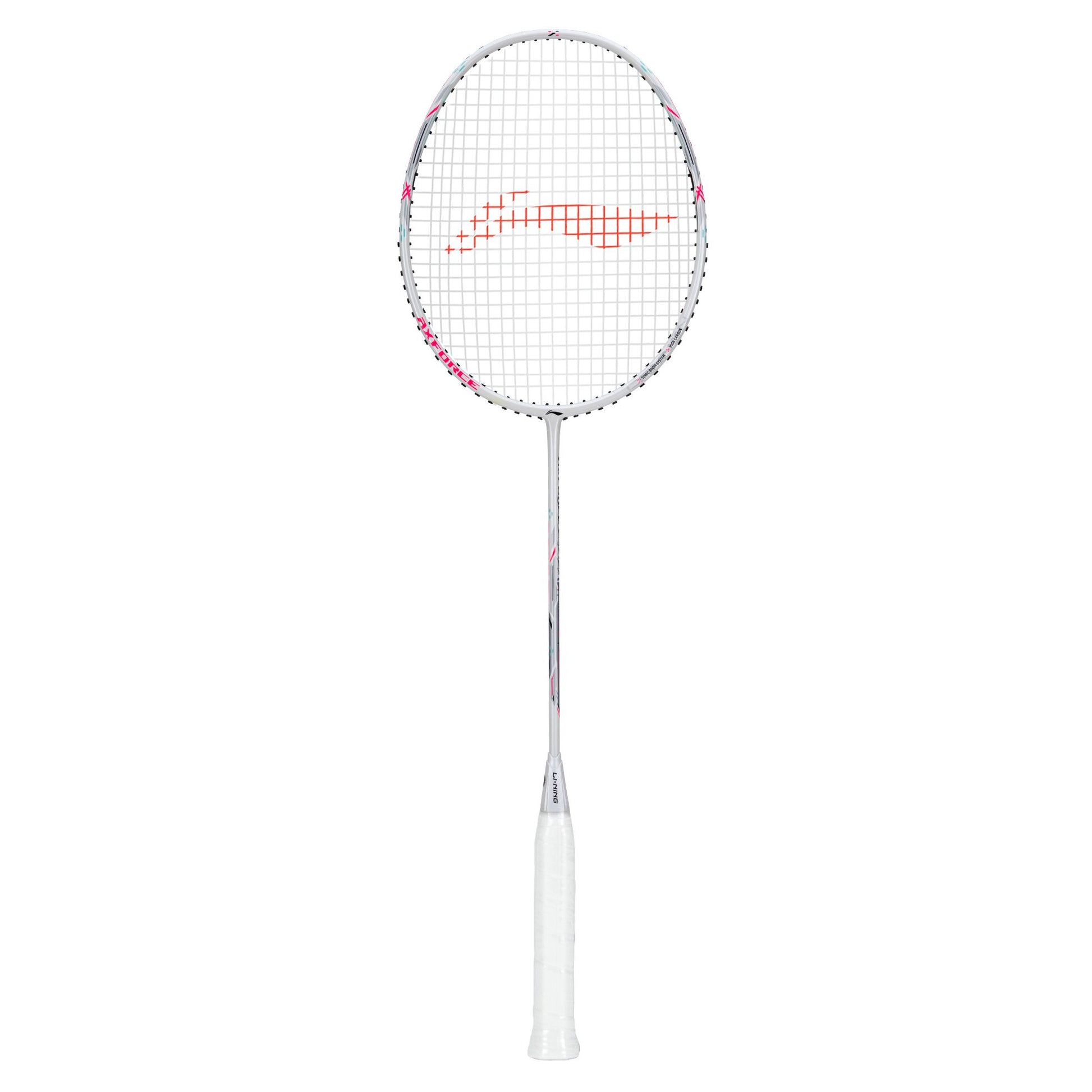 Lining AxForce Cannon Light 5U badminton racket in white full front view with string pattern