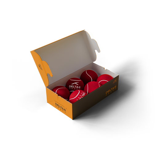 HUNDRED Delta 6 Heavy cricket tennis ball pack front view open box with 6 red colour balls inside