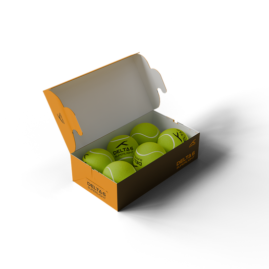 HUNDRED Delta 6 Superlight cricket tennis ball pack front view open box with 6 green colour balls inside