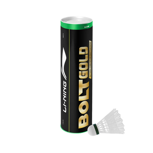LINING Bolt Gold Nylon synthetic shuttlecock pack front view with white colour shuttle aside