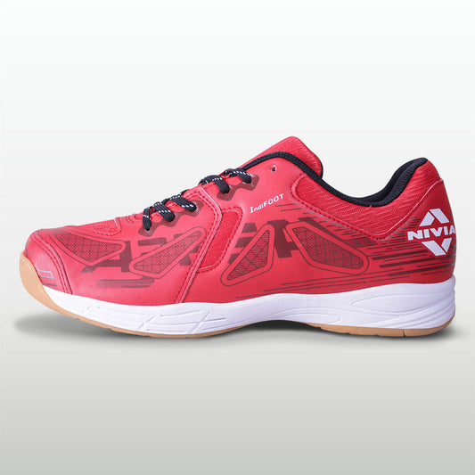 A red Nivia Appeal 3.0 badminton & volleyball shoe outer side view showing white sole