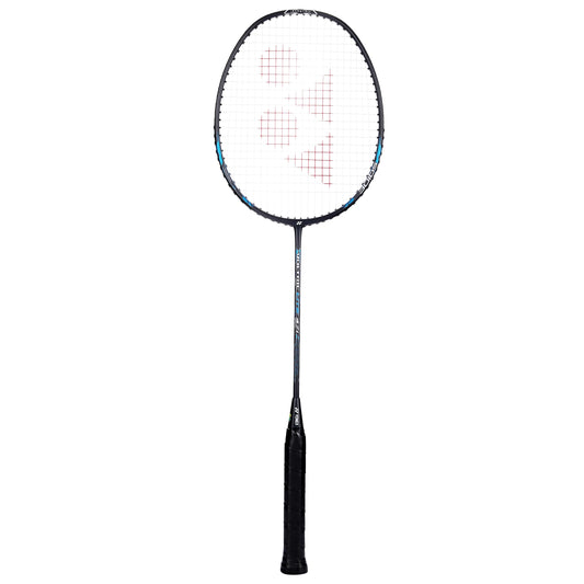 A Yonex Voltric Lite 47i badminton racket with a black grip and a predominantly black and blue frame with a white badminton string bed.