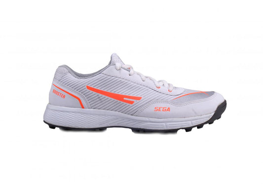 Right Foot side view of Sega Booster cricket shoes with a rubber studded outsole in white orange colour.