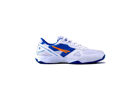 SEGA Swift Badminton Shoes outer side view in white blue colour with non marking cushioned sole