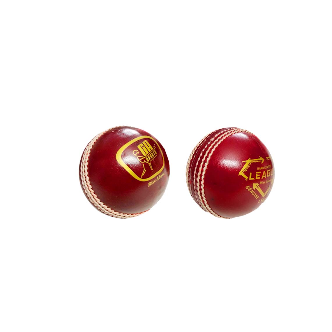 Two red GA League leather cricket balls with yellow logos on a white background