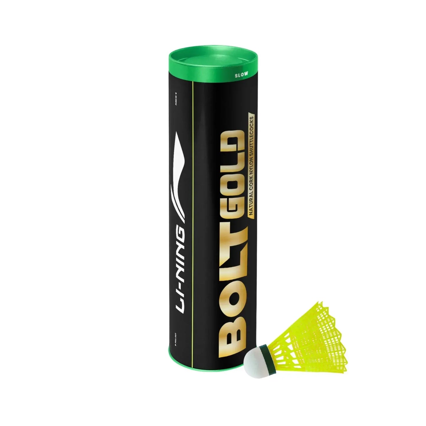 LINING Bolt Gold Nylon synthetic shuttlecock pack front view with yellow colour shuttle aside
