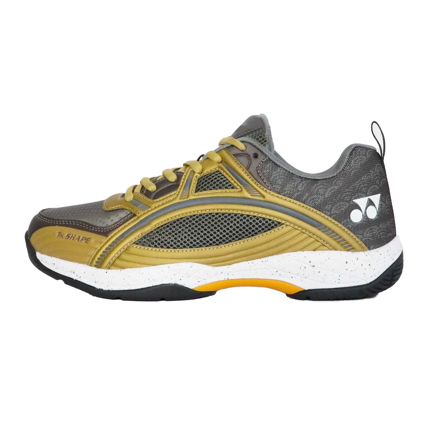 Yonex Tokyo Ultima Mens Badminton Shoes in dark brown/bright gold colour outer side view with cushioned sole