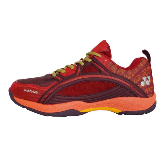 Yonex Tokyo Ultima Mens Badminton Shoes in fig greanadine/honey gold(reddish) colour outer side view with cushioned sole