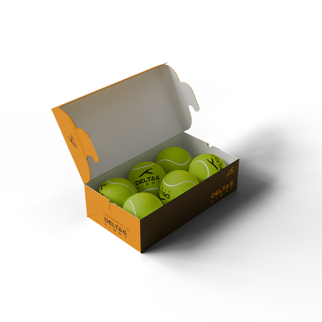 HUNDRED Delta 6 Light cricket tennis ball pack front view open box with 6 green colour balls inside