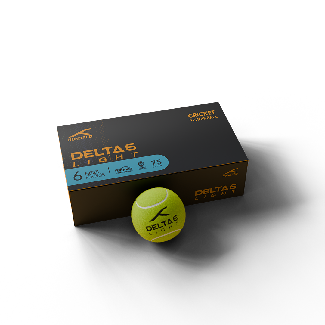 HUNDRED Delta 6 Light cricket tennis ball pack front view with 1 green colour ball outside