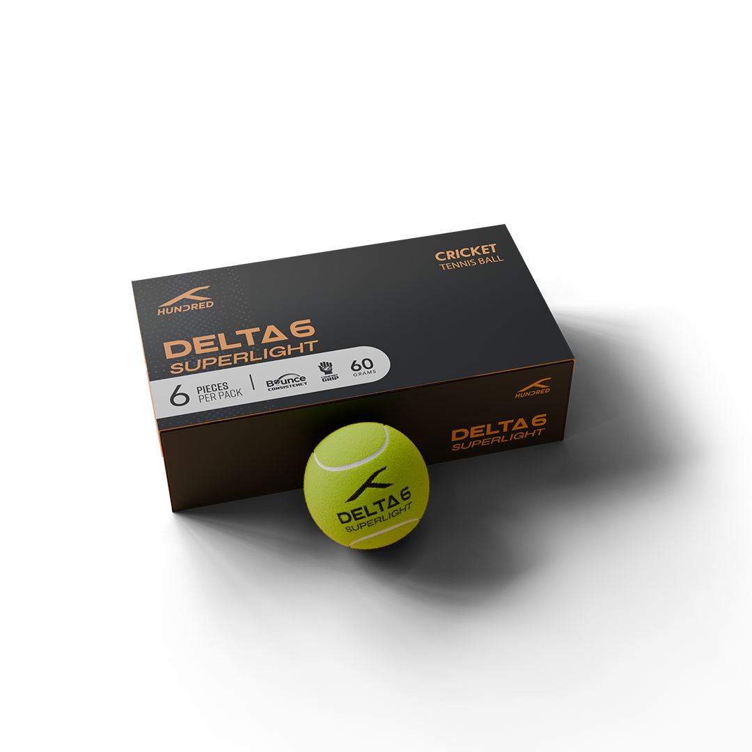 HUNDRED Delta 6 Superlight cricket tennis ball pack front view with 1 green colour ball outside