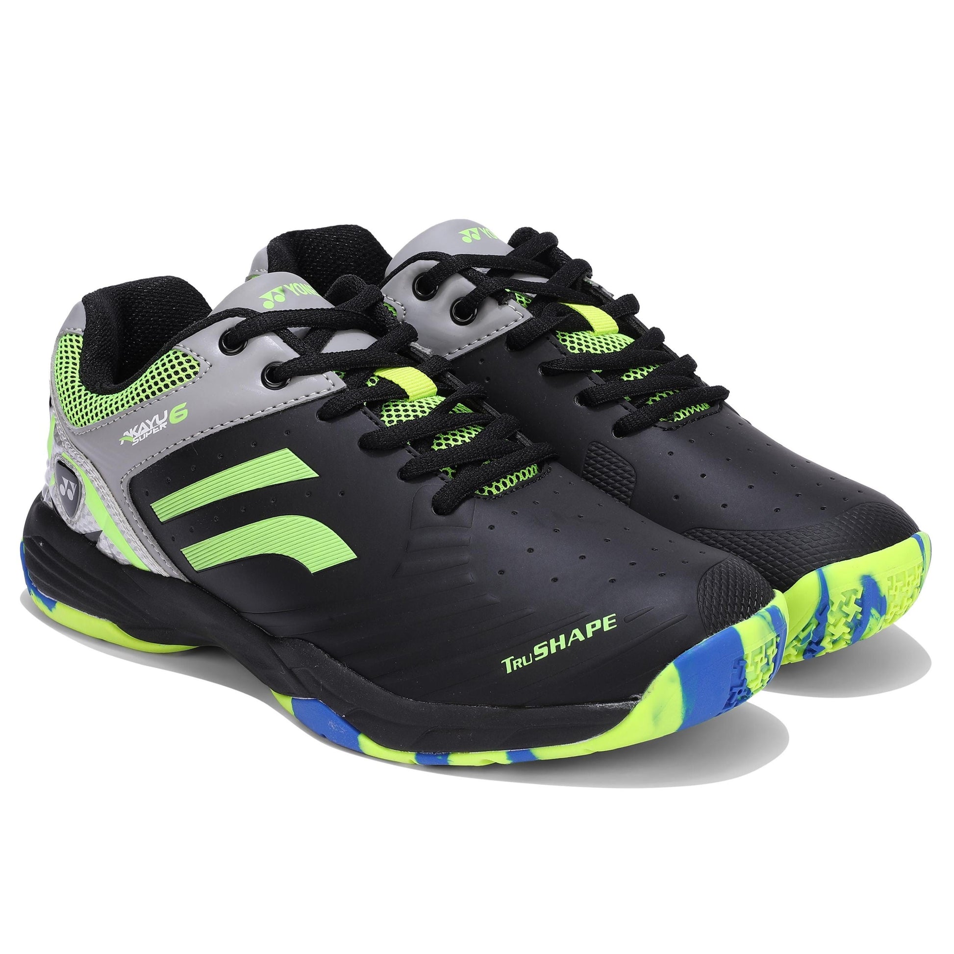 YONEX TRU CUSHION AKAYU SUPER Badminton Shoe Both Foot - Front Diagonal View - Black Lime Color