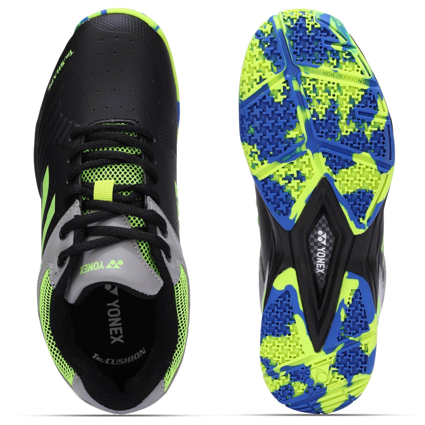 YONEX TRU CUSHION AKAYU SUPER Badminton Shoe Left Foot - Top and Bottom View - Black Lime Color