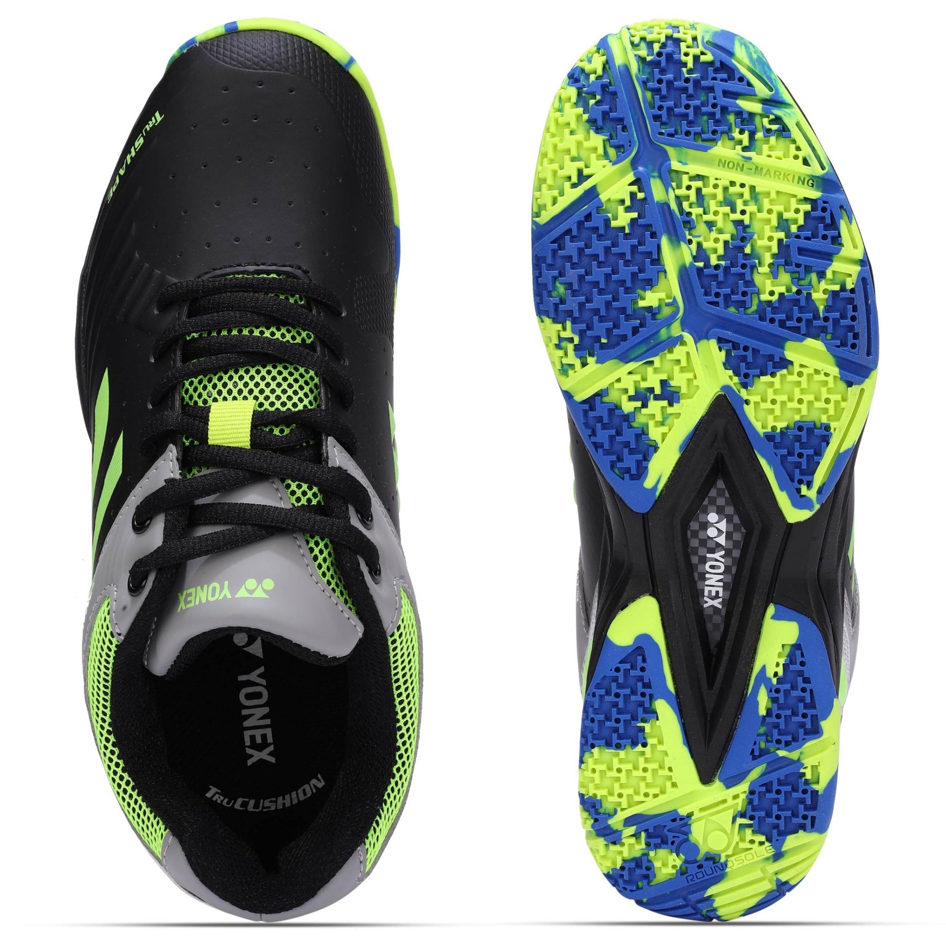 YONEX TRU CUSHION AKAYU SUPER Badminton Shoe Left Foot - Top and Bottom View - Black Lime Color