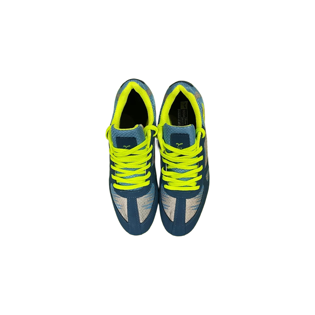 Top view of SEGA Fly Running Spikes Shoes pair with vibrant neon yellow laces and lightweight mesh design.