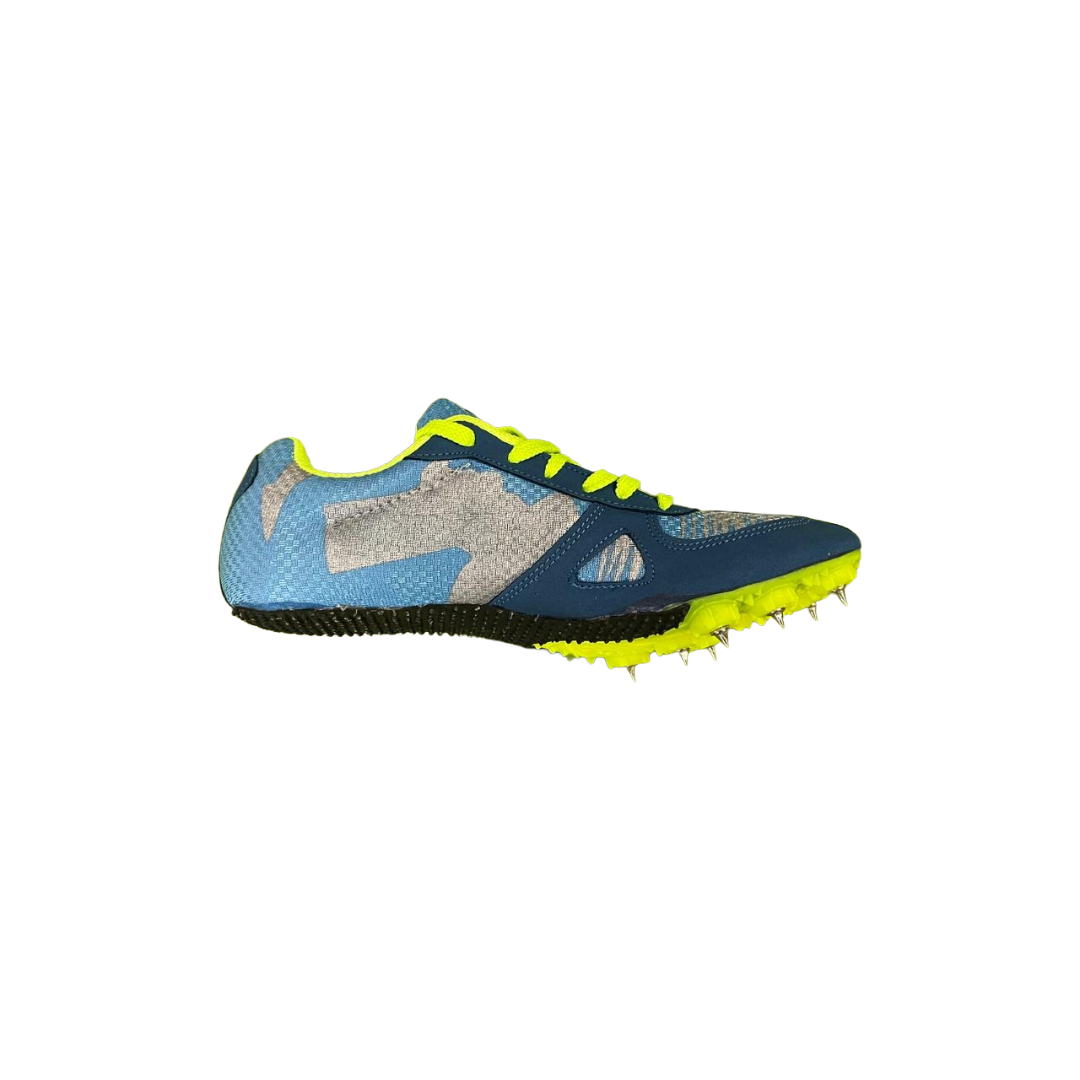 Right side view of SEGA Fly Running Spikes Shoes featuring durable blue and grey mesh with high-traction spike sole.