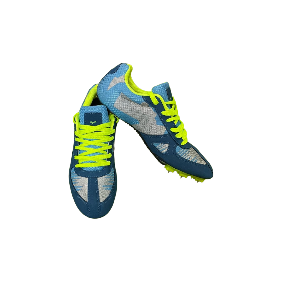 SEGA Fly Running Spikes Shoes pair in angled view highlighting aerodynamic design and bright neon detailing.