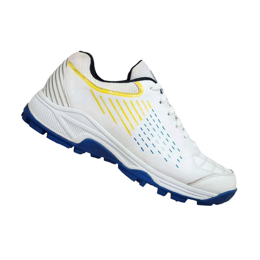 SEGA Grace Cricket Shoes white and blue design with yellow accents, lightweight synthetic leather upper and durable rubber studs for cricket.