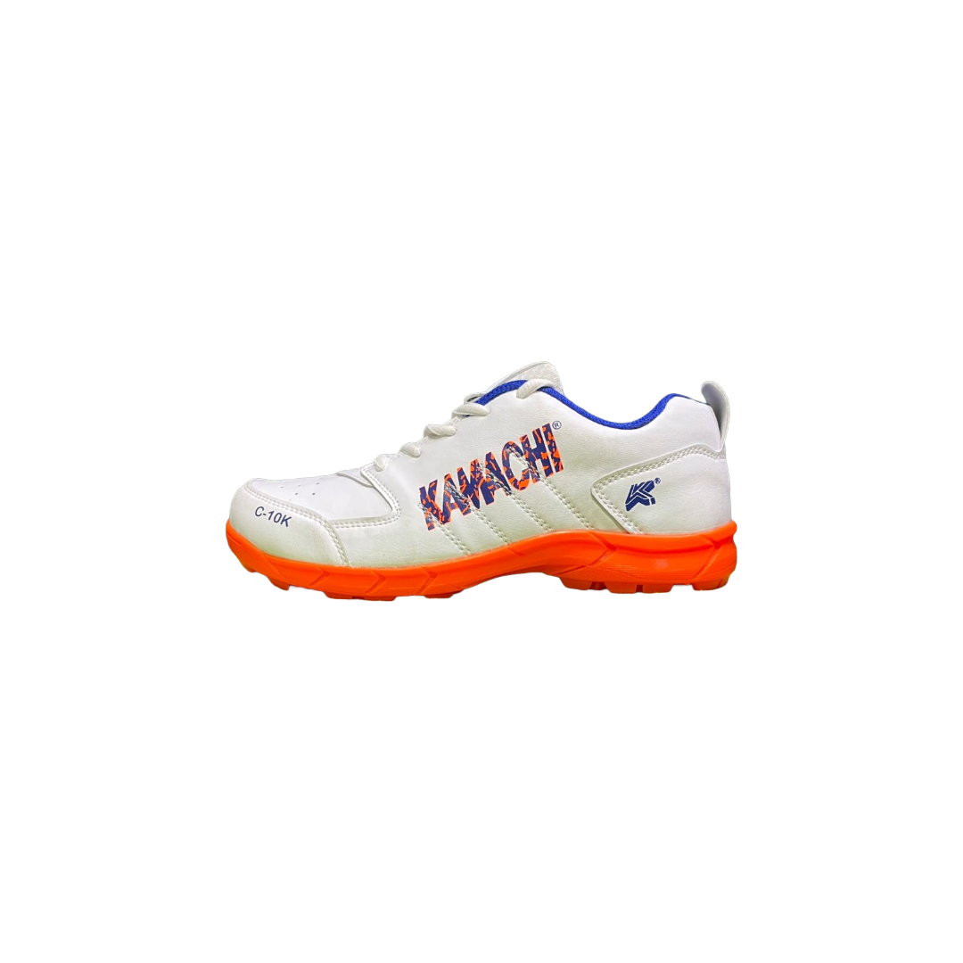 White Kamachi C-10k Cricket Shoes outer side view with orange sole and blue accents on a white background