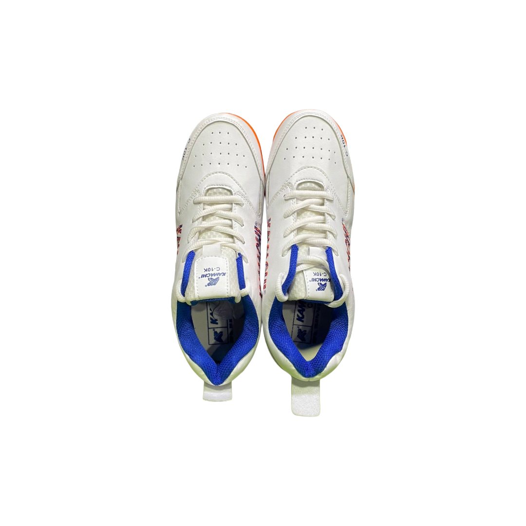 White Kamachi C-10k Cricket Shoes pair in blue accents top view showing white colour lace-up closure design on white background