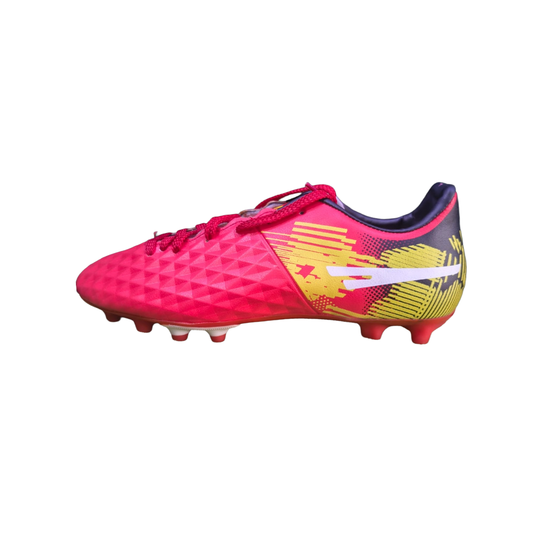 Outer side view of Sega Index Football Shoes in bright red and yellow design with Sega logo, ideal for football play.