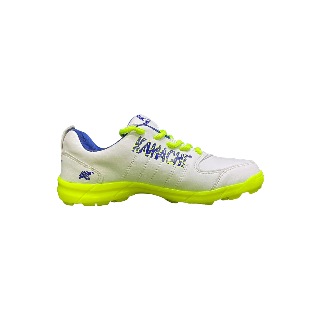 White Kamachi C-10k Cricket Shoes inner side view with neon green sole and blue accents on a white background