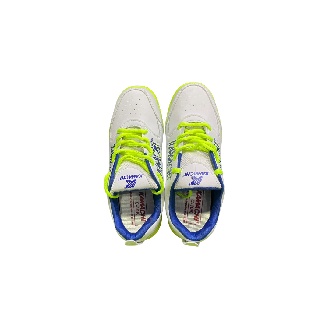 White Kamachi C-10k Cricket Shoes pair with blue accents top view showing neon green colour lace-up closure design on white background