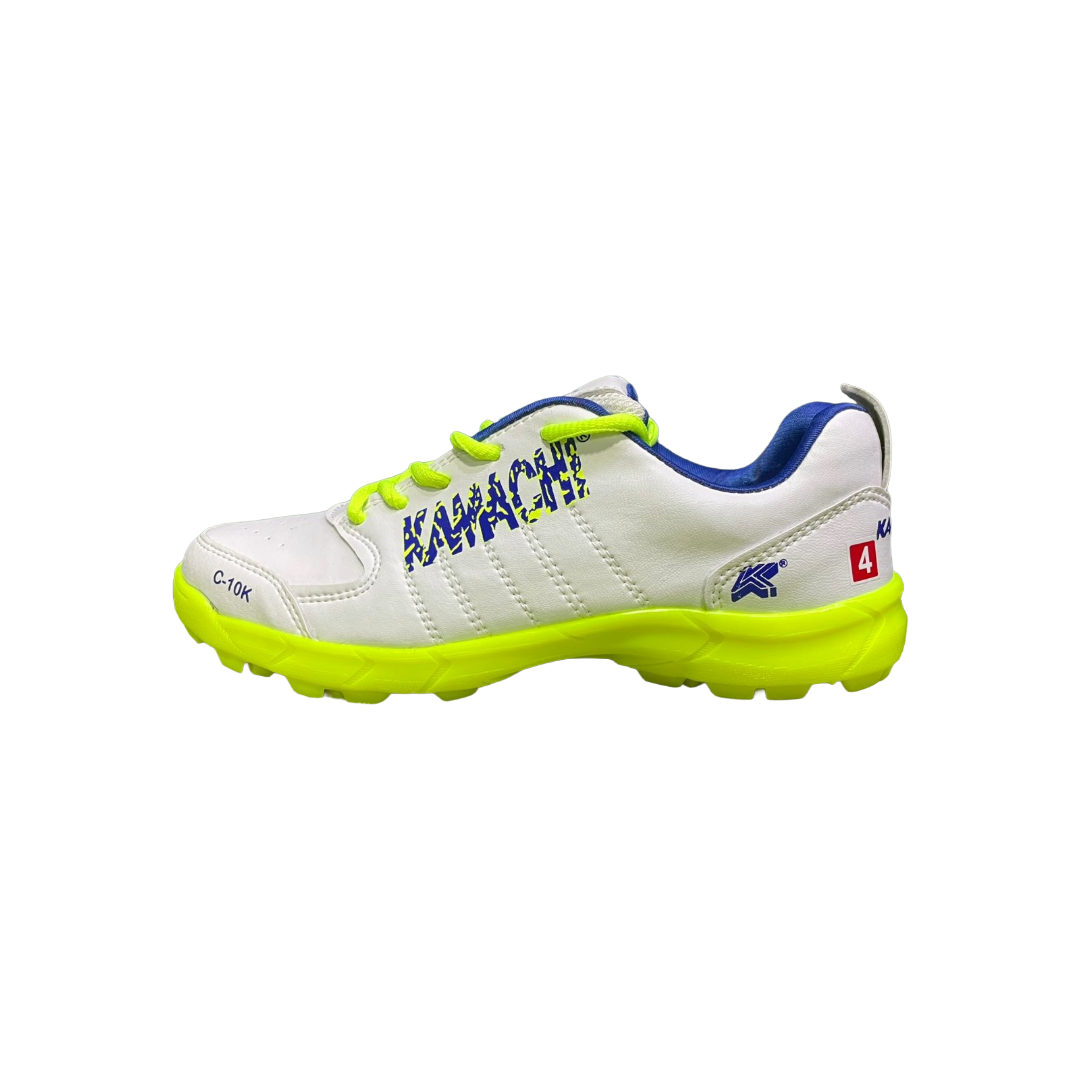 White Kamachi C-10k Cricket Shoes outer side view with neon green sole and blue accents on a white background