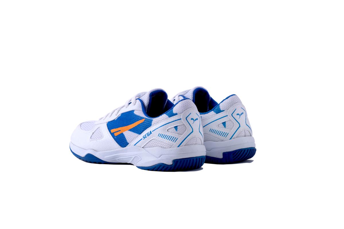 SEGA Swift Badminton Shoes back angled view in white blue colour with non marking cushioned sole