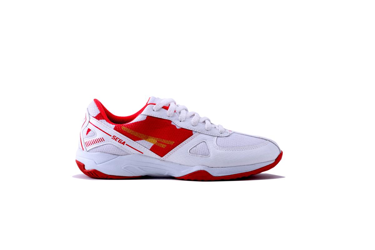 SEGA Swift Badminton Shoes outer side view in white red colour with non marking cushioned sole