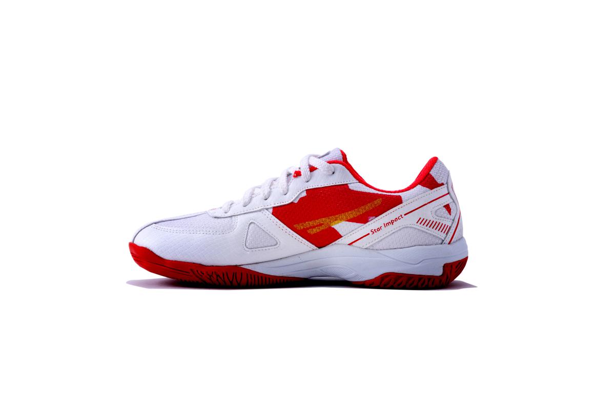 SEGA Swift Badminton Shoes inner side view in white red colour with non marking cushioned sole