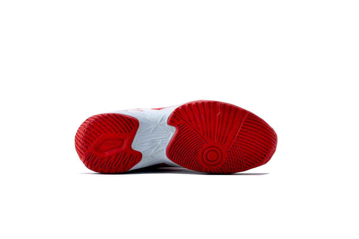 SEGA Swift Badminton Shoes outsole view of non marking cushioned sole in awesome white red colour