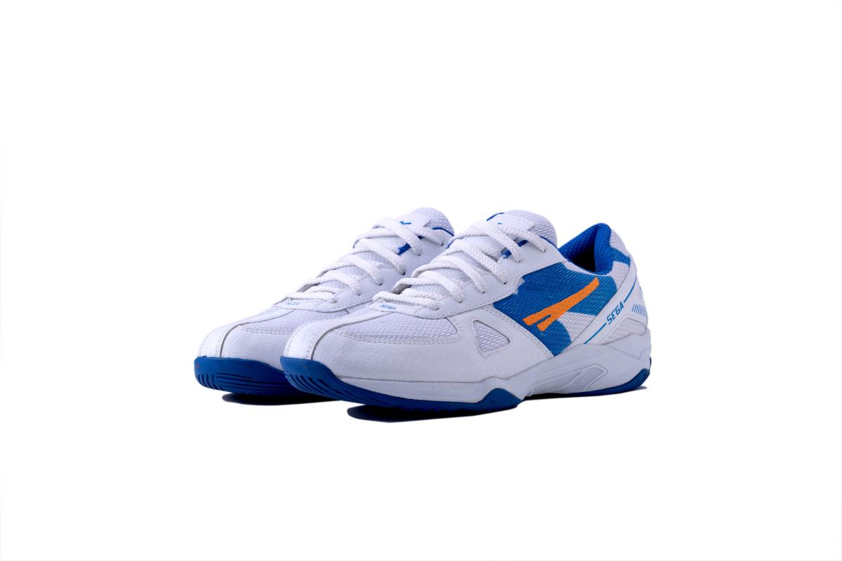 SEGA Swift Badminton Shoes front angled view in white blue colour with non marking cushioned sole