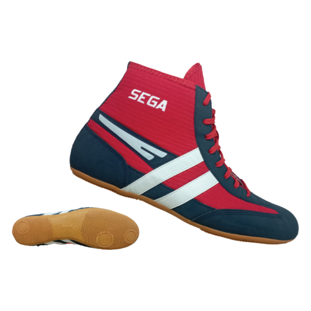 SEGA Kabaddi Shoes in red and navy blue with white stripes, non-marking sole, lightweight breathable mesh design for kabaddi players.